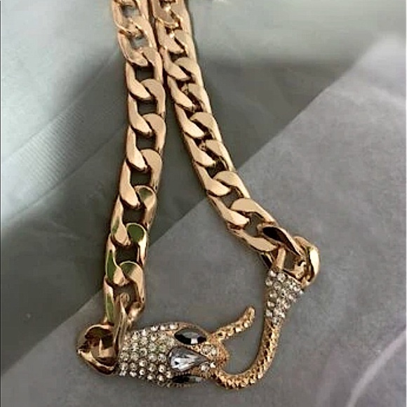 Gold Snake Serpent Cuban Chain Link Zircon Choker Necklace - Picture 9 of 11